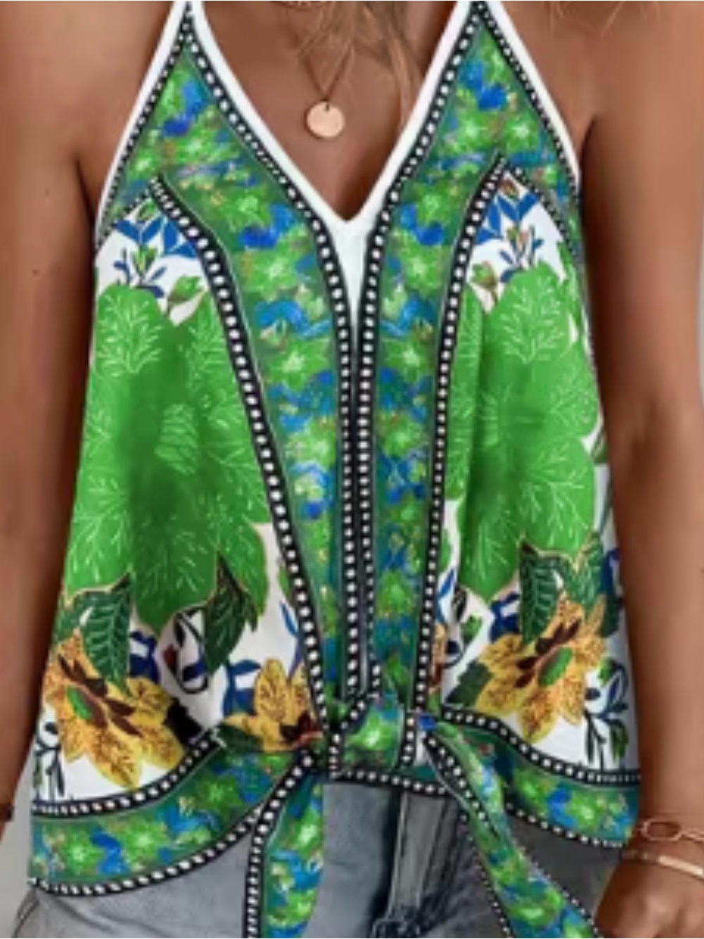 Green Floral V-Neck Tie-Front Tank Top